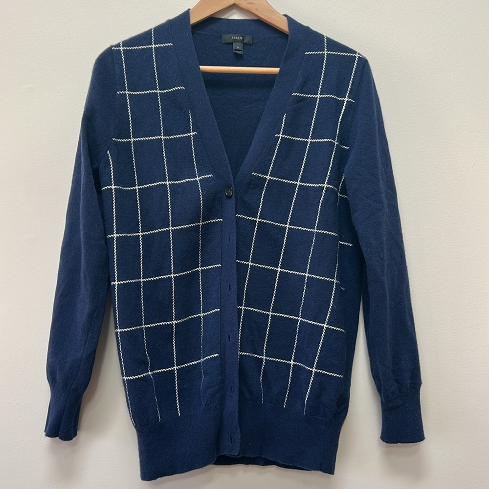 J. Crew Blue Wool / Cashmere blend Cardigan Sweater Windowpane Check Pattern